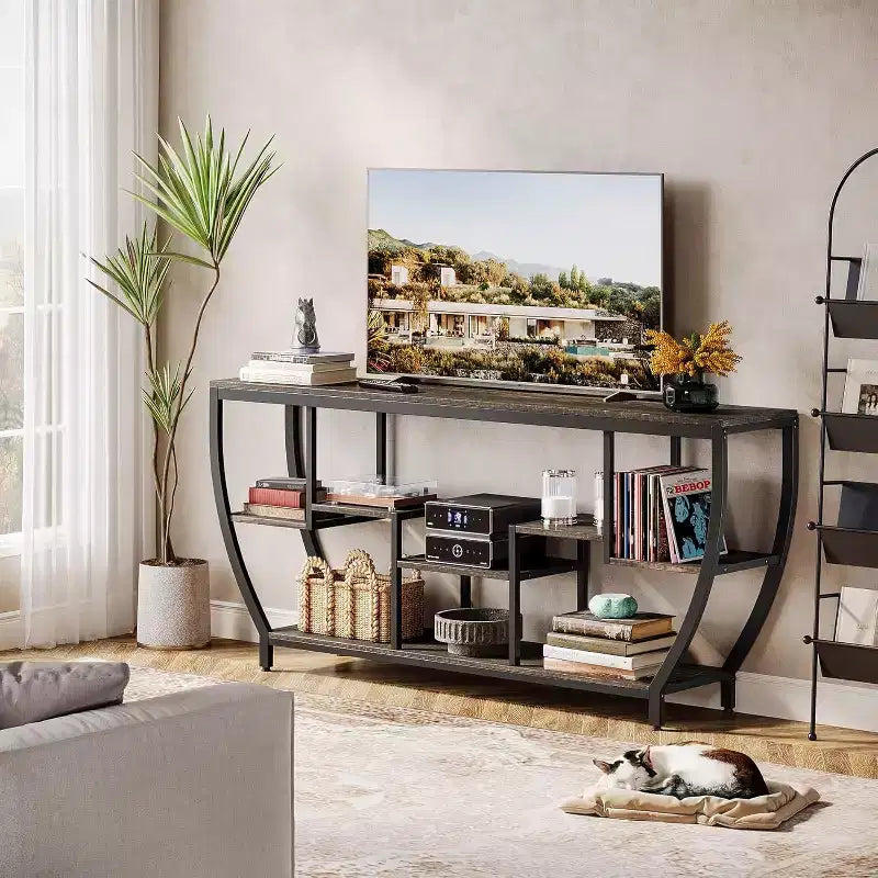 Table de canapé de 180 cm de long avec étagères, Console rustique avec rangement, Meuble TV industriel de couloir