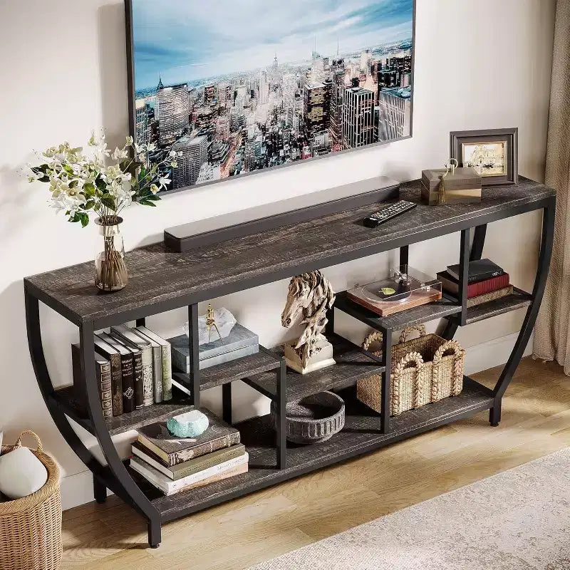 Table de canapé de 180 cm de long avec étagères, Console rustique avec rangement, Meuble TV industriel de couloir