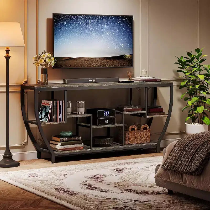 Table de canapé de 180 cm de long avec étagères, Console rustique avec rangement, Meuble TV industriel de couloir
