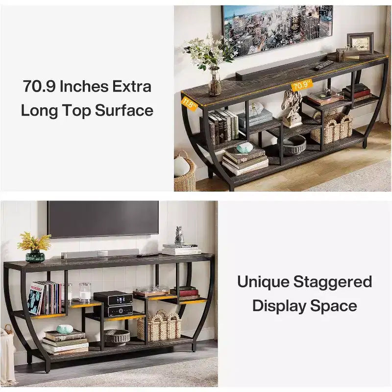Table de canapé de 180 cm de long avec étagères, Console rustique avec rangement, Meuble TV industriel de couloir