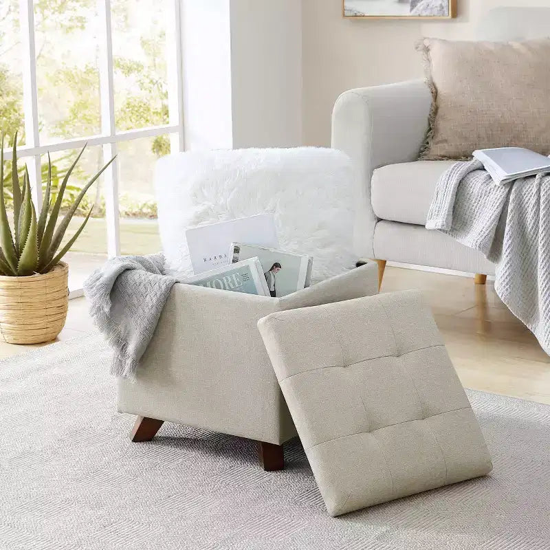 Pouf de rangement carré capitonné en lin Home - 38 cm
