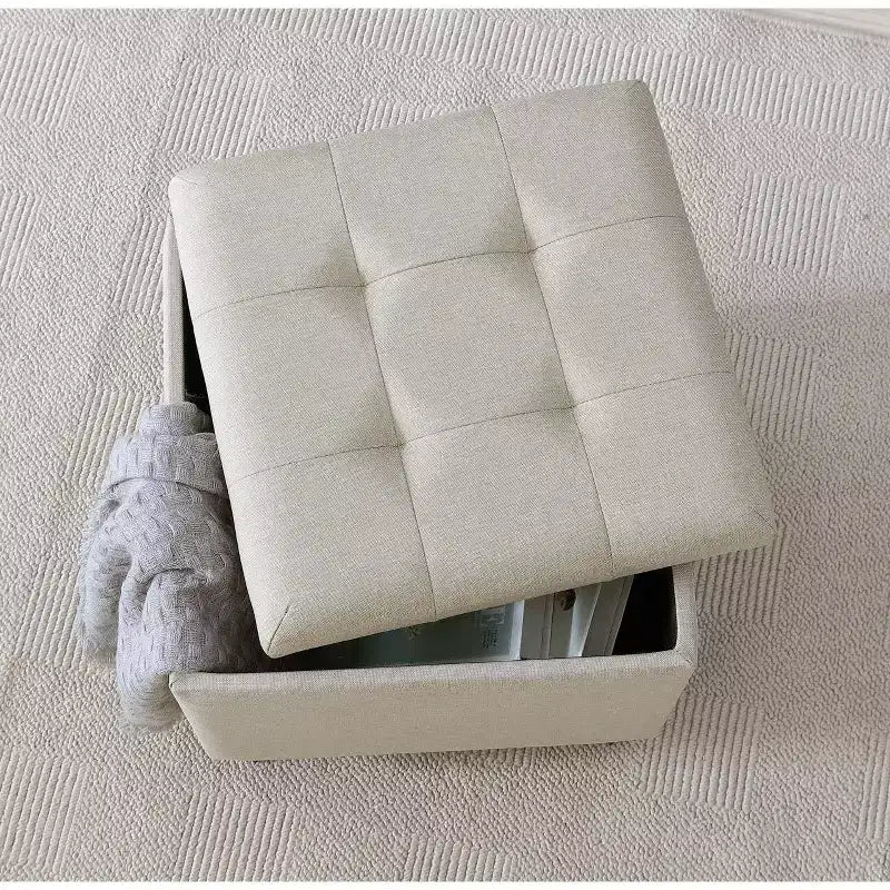 Pouf de rangement carré capitonné en lin Home - 38 cm