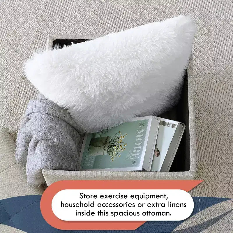 Pouf de rangement carré capitonné en lin Home - 38 cm