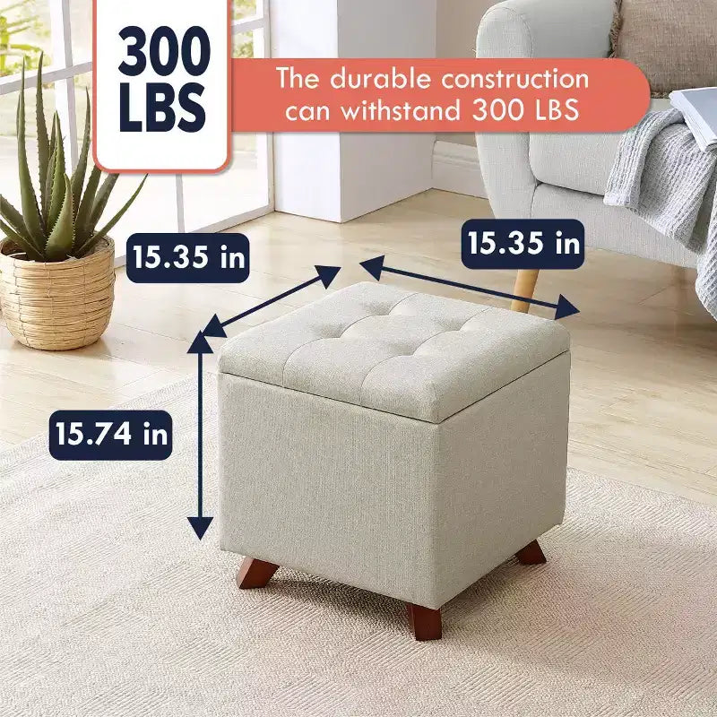 Pouf de rangement carré capitonné en lin Home - 38 cm