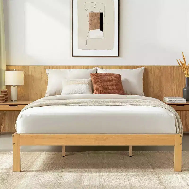 Solid Wood Platform Bed Frame with Wooden Slat Support, Wood color
