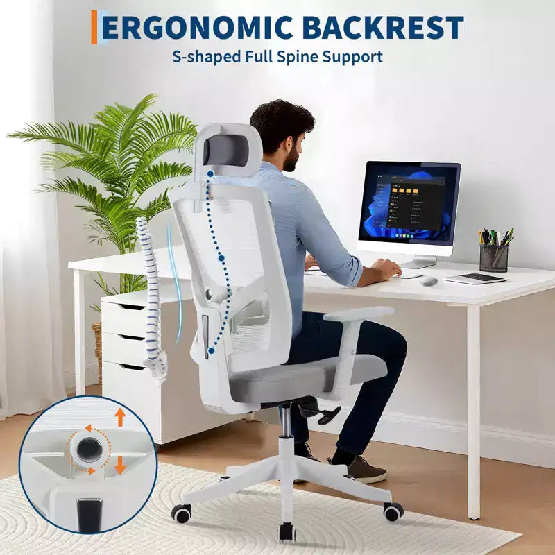 Fauteuil de bureau ergonomique inclinable - Chaise de bureau à dossier haut en maille avec appui-tête réglable, support lombaire complet, chaise de bureau à domicile, chaise de gaming