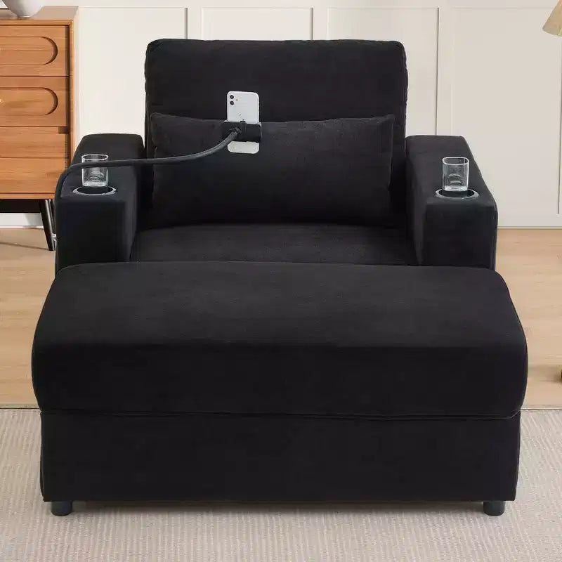 MAYEERTY Modern Style Armhair 42.5 Chaise Lounge Sofa with Movable Storage Ottoman Ports Two Cup Holders Side Pockets for Living Room Black
