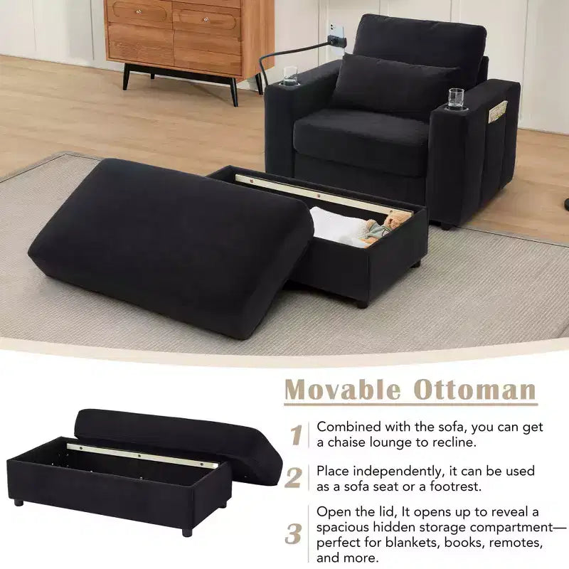 Fauteuil inclinable de style moderne, chaise longue avec pouf de rangement mobile, deux porte-gobelets, poches latérales pour salon, noir
