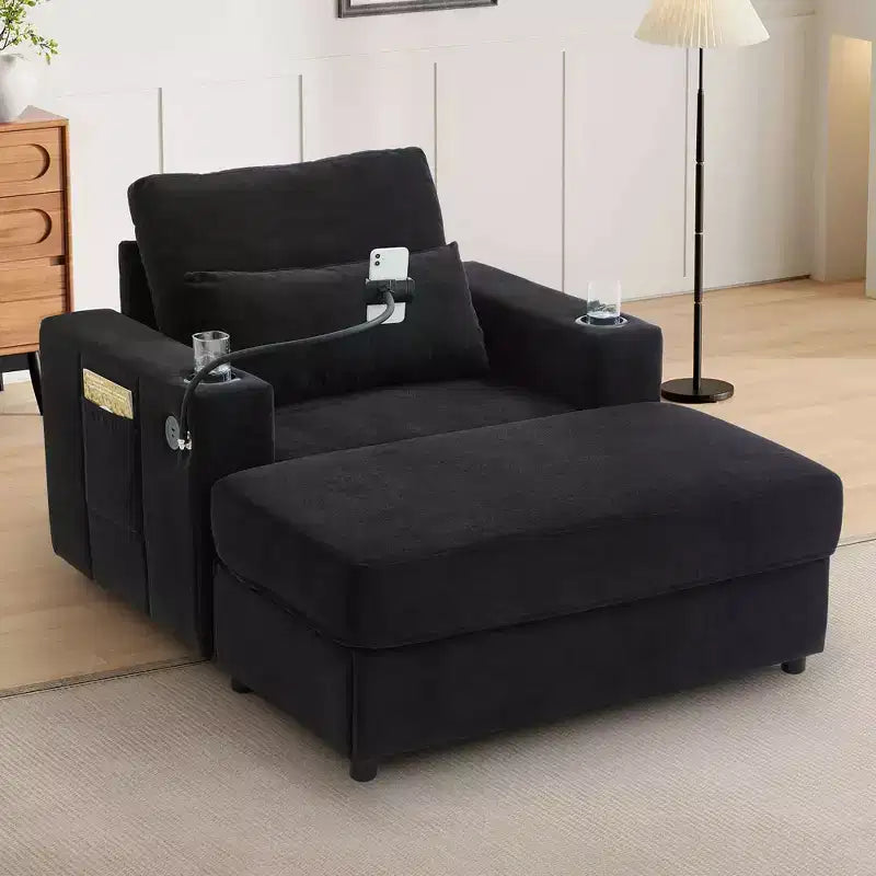 Fauteuil inclinable de style moderne, chaise longue avec pouf de rangement mobile, deux porte-gobelets, poches latérales pour salon, noir