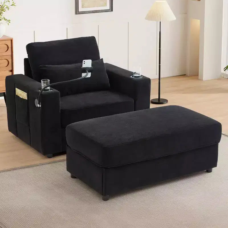 Fauteuil inclinable de style moderne, chaise longue avec pouf de rangement mobile, deux porte-gobelets, poches latérales pour salon, noir