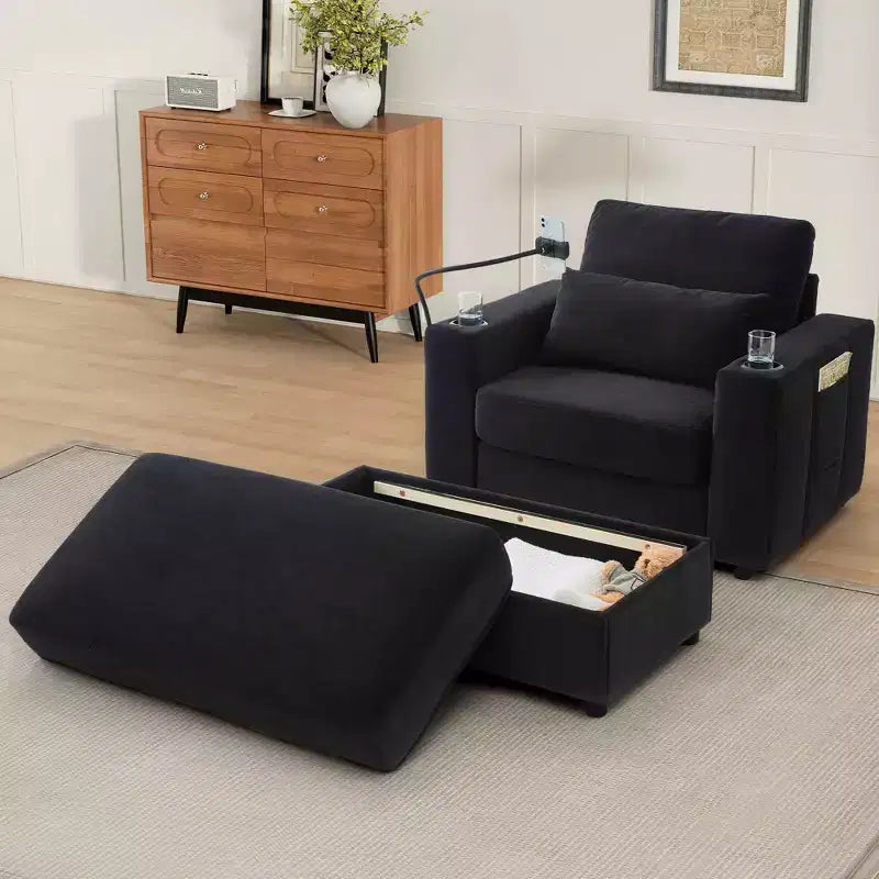 Fauteuil inclinable de style moderne, chaise longue avec pouf de rangement mobile, deux porte-gobelets, poches latérales pour salon, noir