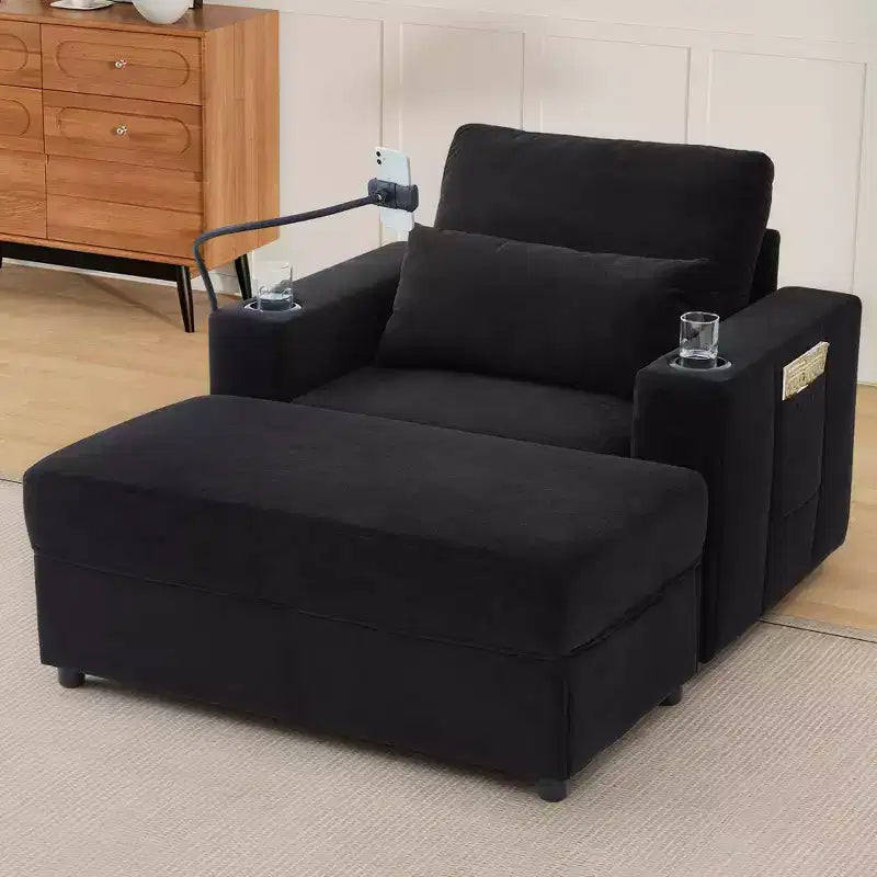 Fauteuil inclinable de style moderne, chaise longue avec pouf de rangement mobile, deux porte-gobelets, poches latérales pour salon, noir