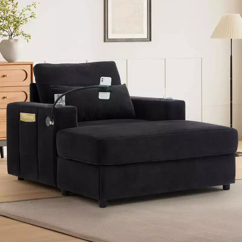 Fauteuil inclinable de style moderne, chaise longue avec pouf de rangement mobile, deux porte-gobelets, poches latérales pour salon, noir