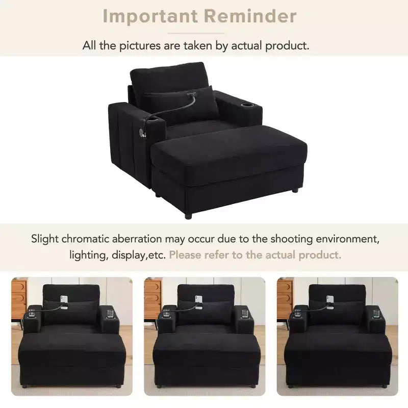 Fauteuil inclinable de style moderne, chaise longue avec pouf de rangement mobile, deux porte-gobelets, poches latérales pour salon, noir