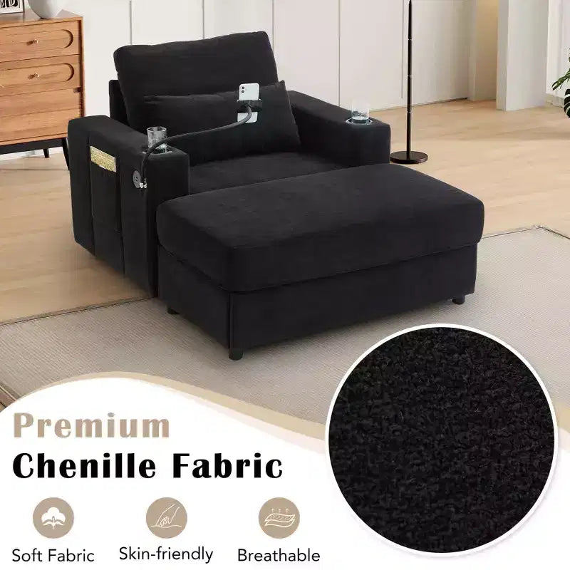 Fauteuil inclinable de style moderne, chaise longue avec pouf de rangement mobile, deux porte-gobelets, poches latérales pour salon, noir