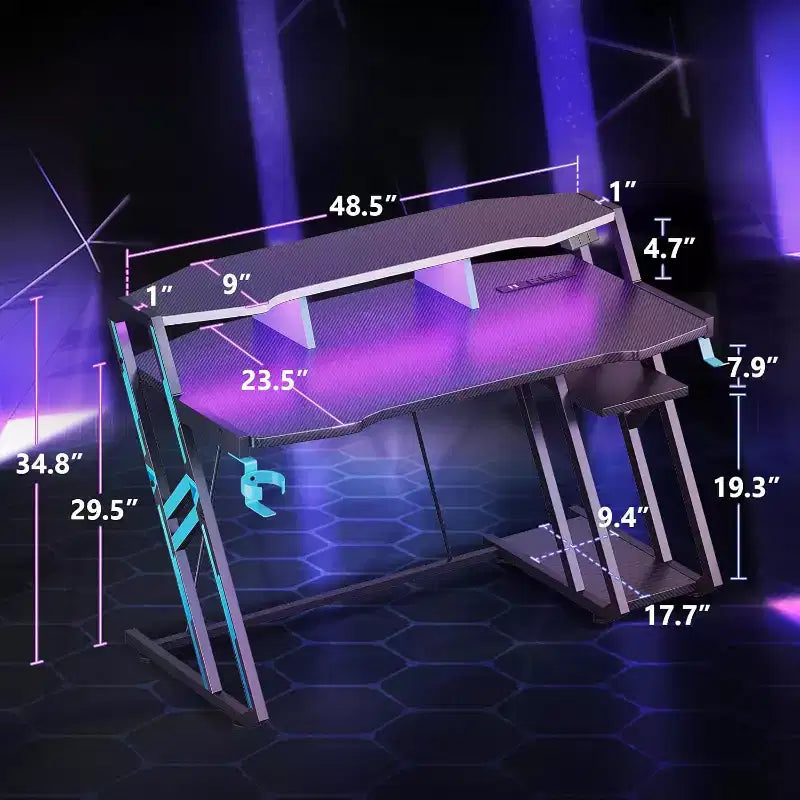 -Bureau Gamer de 122 cm avec Prise Électrique, Lumières LED et Étagère de Rangement pour PC en Fibre de Carbone