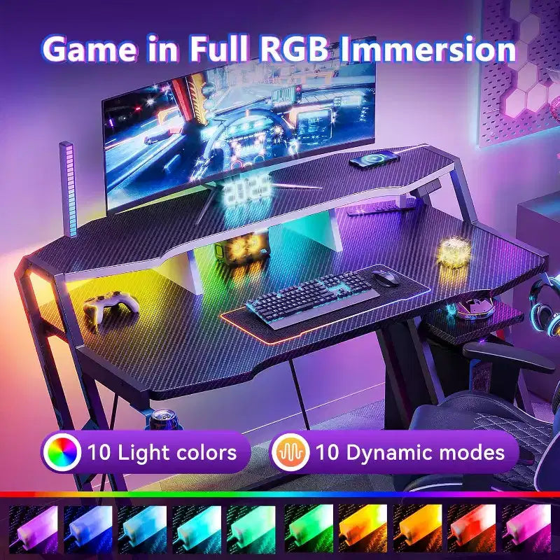 -Bureau Gamer de 122 cm avec Prise Électrique, Lumières LED et Étagère de Rangement pour PC en Fibre de Carbone