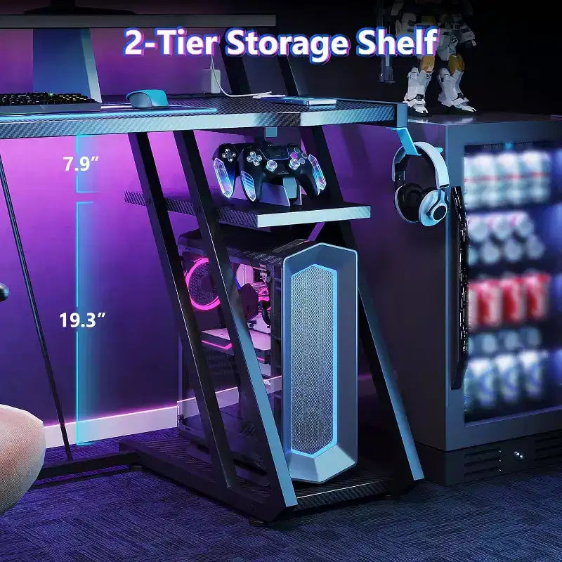 -Bureau Gamer de 122 cm avec Prise Électrique, Lumières LED et Étagère de Rangement pour PC en Fibre de Carbone