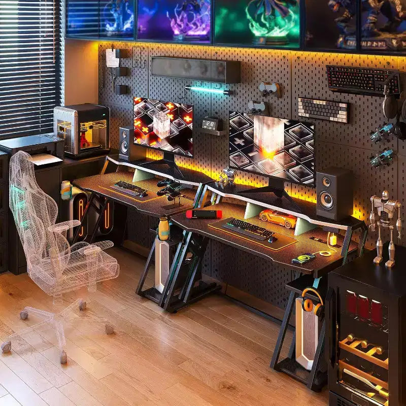-Bureau Gamer de 122 cm avec Prise Électrique, Lumières LED et Étagère de Rangement pour PC en Fibre de Carbone