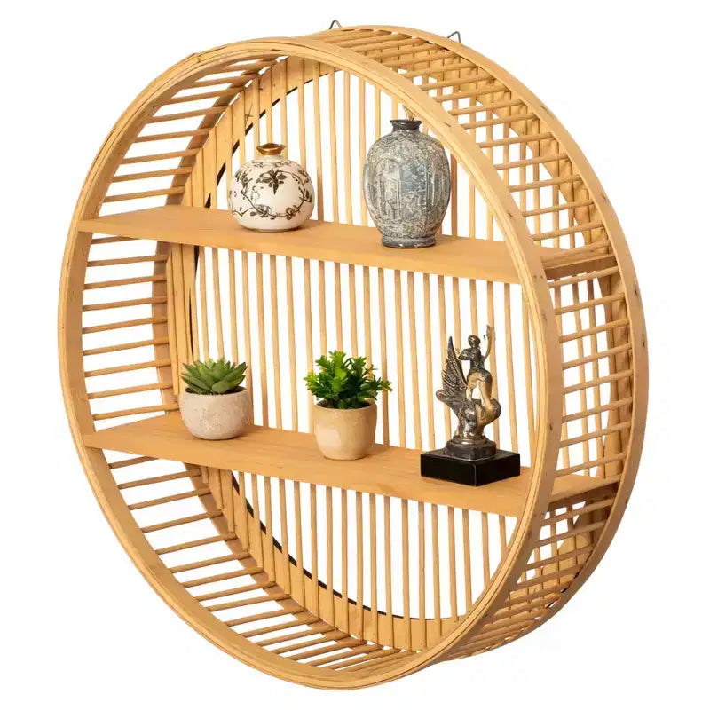 Vintiquewise Round Bamboo Wall Shelf with 2 Wooden Tiers  Natural Hanging Wall Decor & Floating Display Rack for Home, Living Room, Office