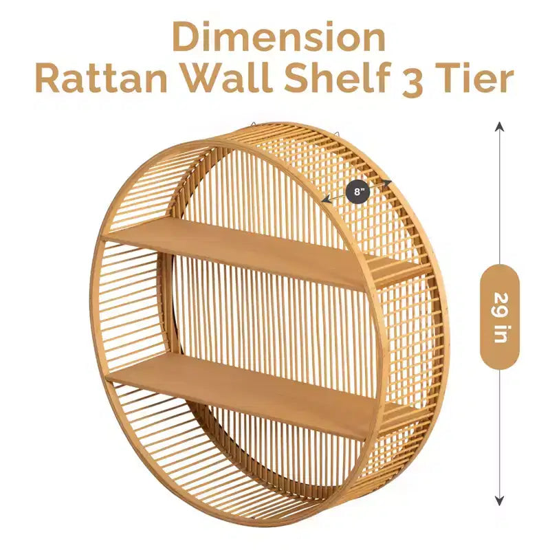 Étagère murale ronde en bambou à 2 niveaux en bois, décor mural suspendu naturel et étagère flottante pour la maison, le salon, le bureau