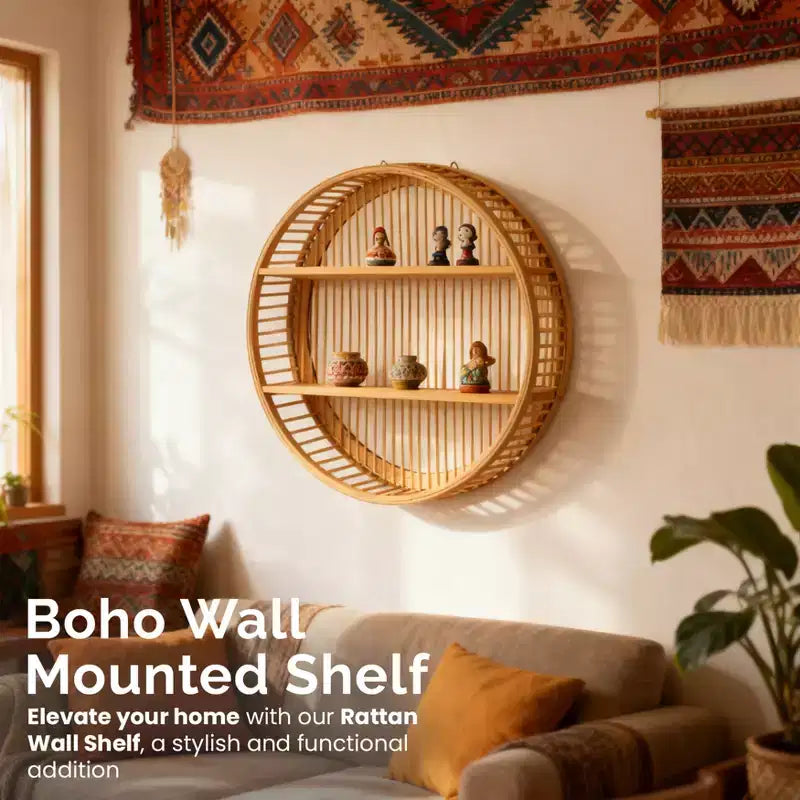 Étagère murale ronde en bambou à 2 niveaux en bois, décor mural suspendu naturel et étagère flottante pour la maison, le salon, le bureau