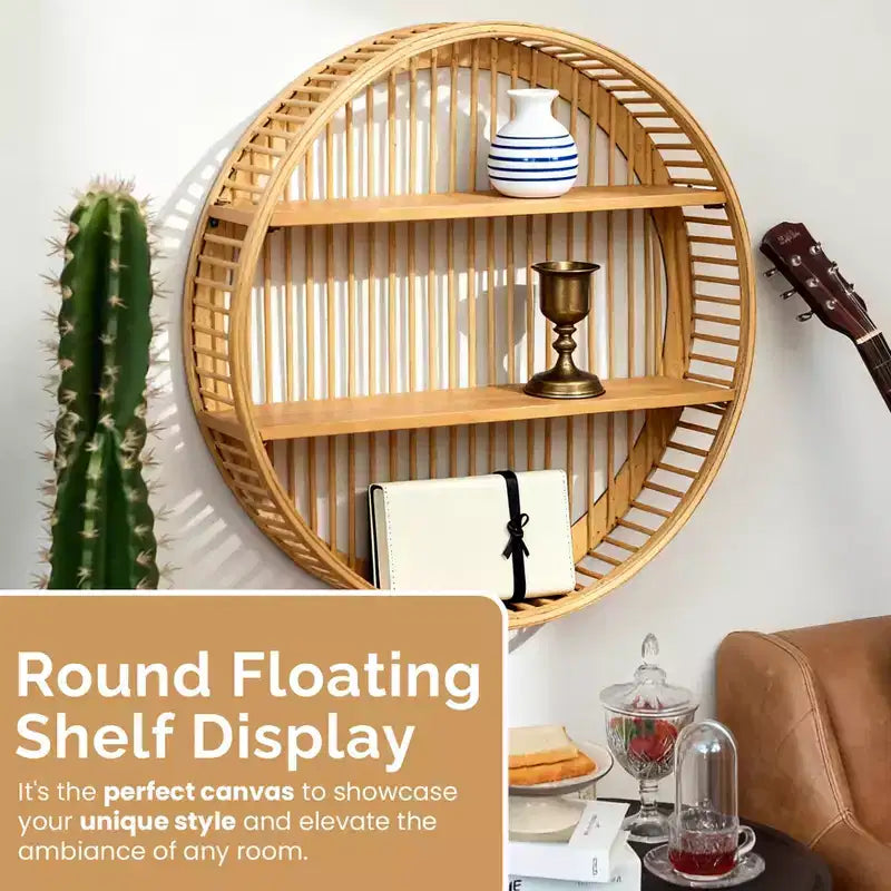 Étagère murale ronde en bambou à 2 niveaux en bois, décor mural suspendu naturel et étagère flottante pour la maison, le salon, le bureau