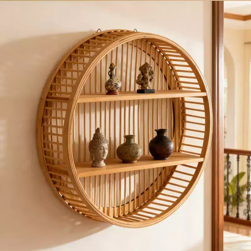 Étagère murale ronde en bambou à 2 niveaux en bois, décor mural suspendu naturel et étagère flottante pour la maison, le salon, le bureau