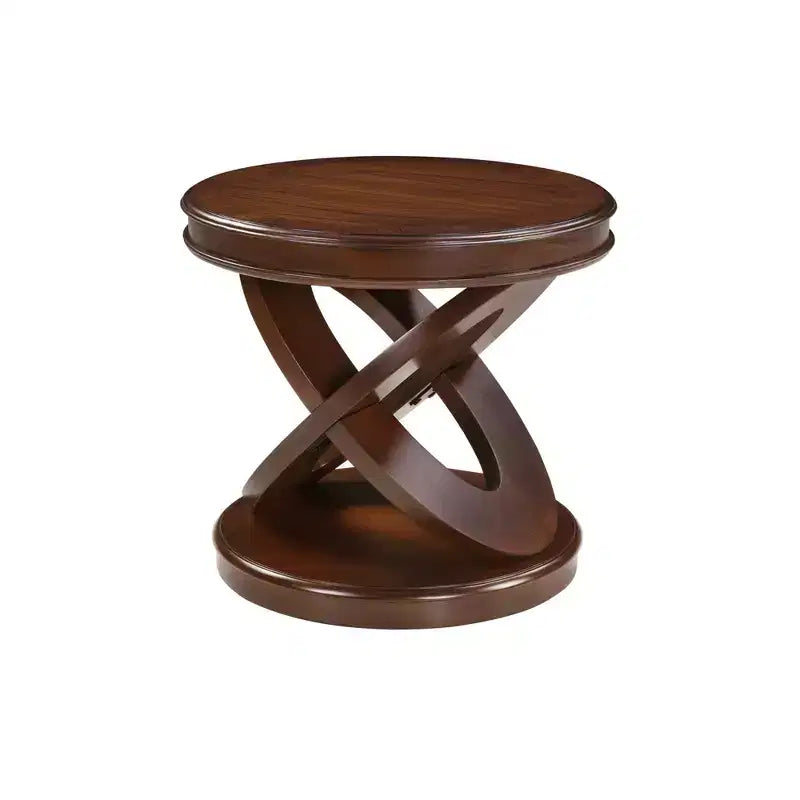 VIYET 20 Retro Round Wooden End Table - X-Shape Base, Solid Wood Veneer, Walnut