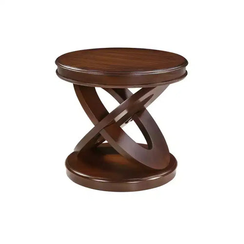 VIYET 20 Retro Round Wooden End Table - X-Shape Base, Solid Wood Veneer, Walnut