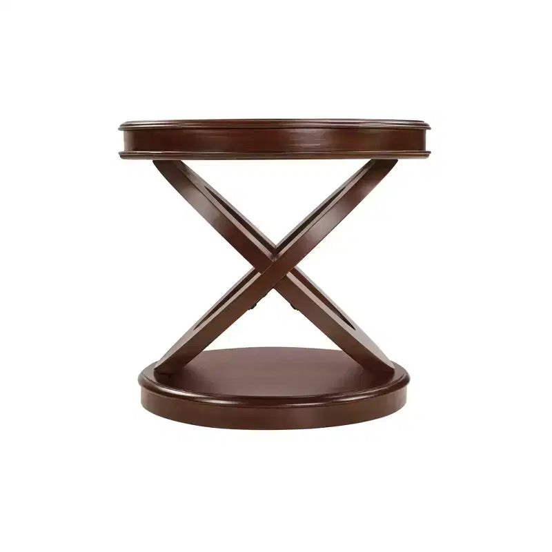 Table d'appoint ronde rétro en bois de 20 po - Piètement en X, Placage en bois massif, Noyer