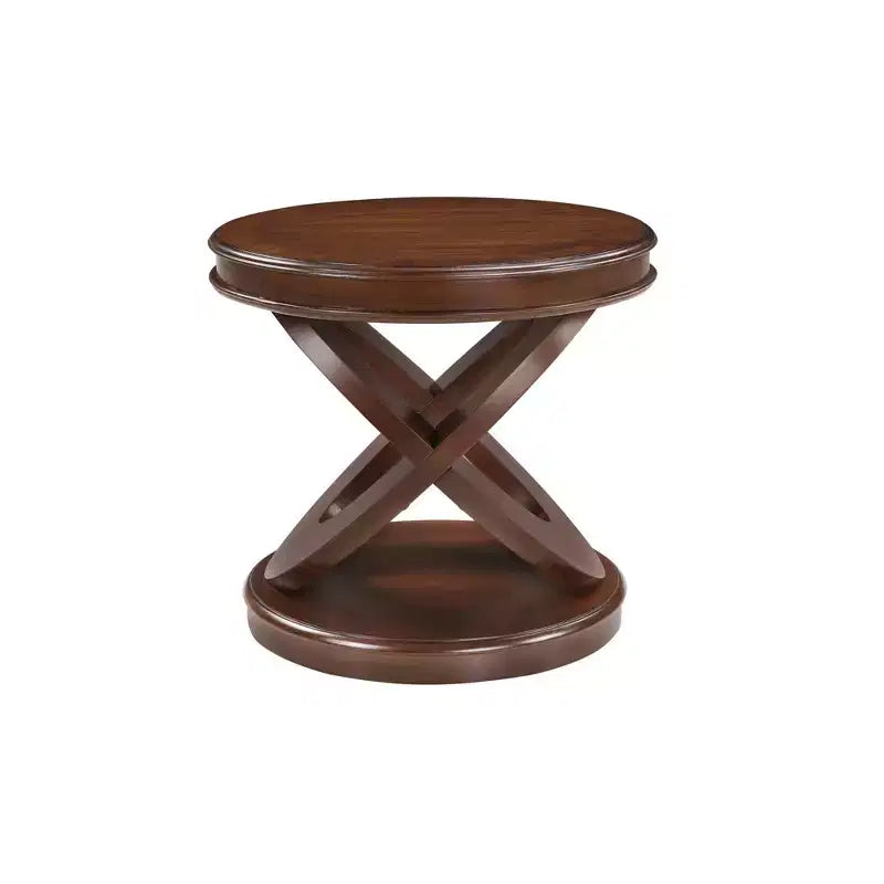 Table d'appoint ronde rétro en bois de 20 po - Piètement en X, Placage en bois massif, Noyer