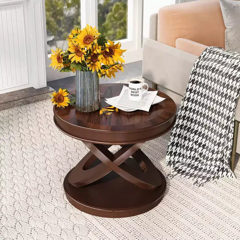 Table d'appoint ronde rétro en bois de 20 po - Piètement en X, Placage en bois massif, Noyer
