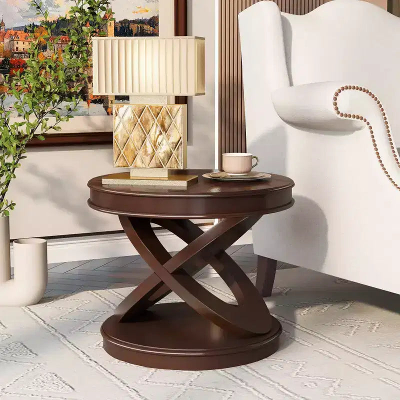 Table d'appoint ronde rétro en bois de 20 po - Piètement en X, Placage en bois massif, Noyer