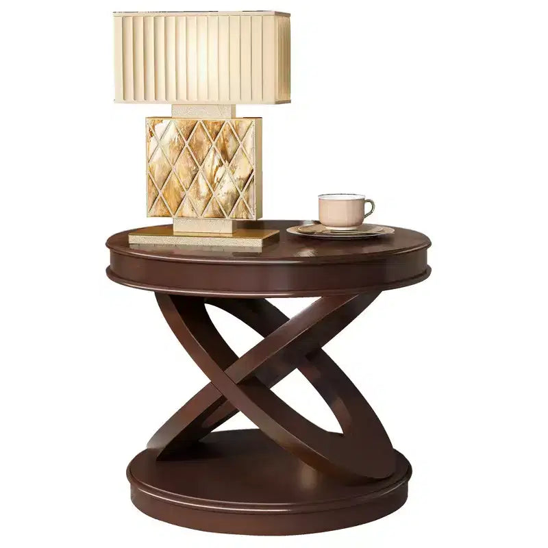 Table d'appoint ronde rétro en bois de 20 po - Piètement en X, Placage en bois massif, Noyer