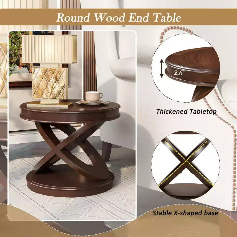Table d'appoint ronde rétro en bois de 20 po - Piètement en X, Placage en bois massif, Noyer