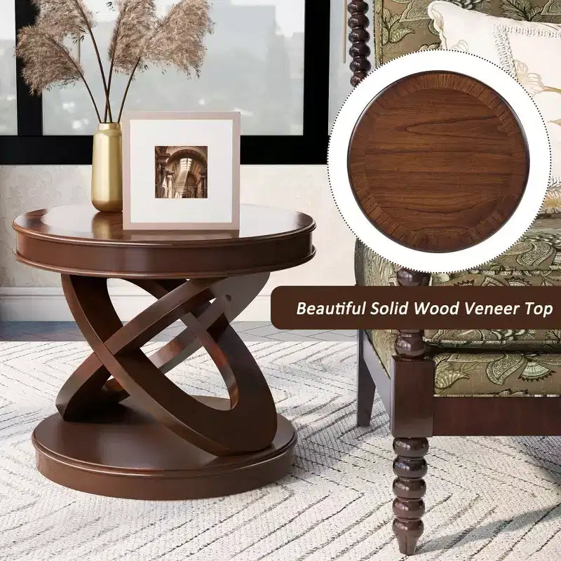 Table d'appoint ronde rétro en bois de 20 po - Piètement en X, Placage en bois massif, Noyer