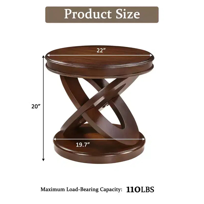 Table d'appoint ronde rétro en bois de 20 po - Piètement en X, Placage en bois massif, Noyer