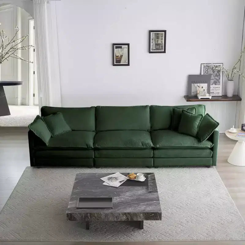 MAYEERTY Mid Century Modern Couch 3 Seater Sofa with 2 Armrest Pillow and 3 Toss Pillows for Living Room for Bedroom Green