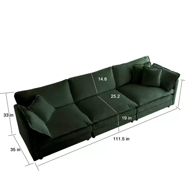 Canapé moderne du milieu du siècle à 3 places avec 2 accoudoirs et 3 coussins décoratifs pour salon et chambre à coucher vert