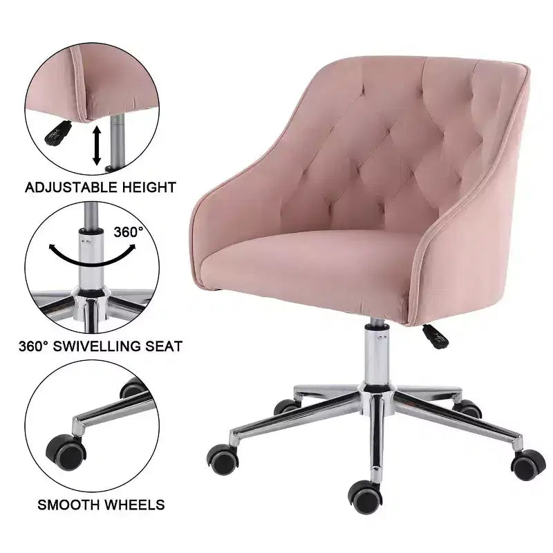 Fauteuil de bureau en velours avec pivot, hauteur réglable et roulettes fluides – Élégant et confortable pour le bureau à domicile, la coiffeuse et les dortoirs