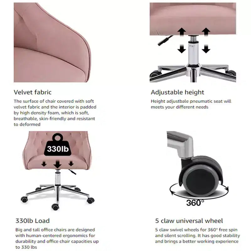 Fauteuil de bureau en velours avec pivot, hauteur réglable et roulettes fluides – Élégant et confortable pour le bureau à domicile, la coiffeuse et les dortoirs