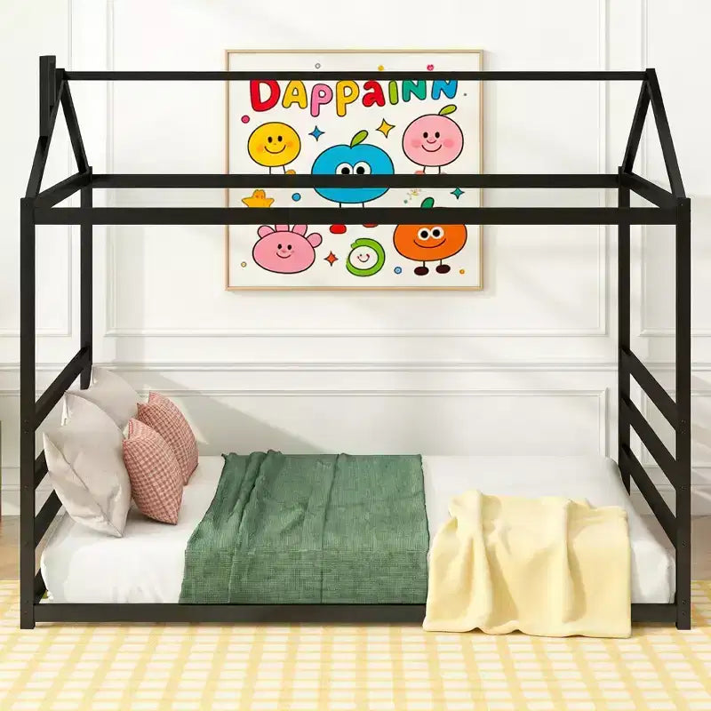 Luxystar Queen Size Metal House Shape Bed, Black