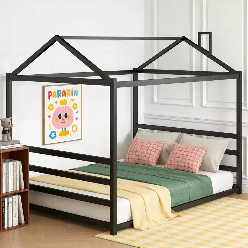 Lit en métal en forme de maison, taille Queen, noir