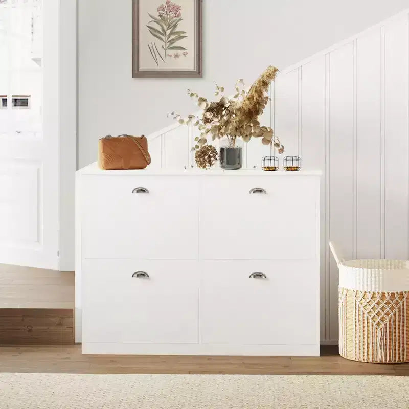 JVNOXK 40-inch Concealed Ultra-Slim Shoe Cabinet with 4 Flip-Top Drawers and Anti-Tip Mechanism, Suitable for Entryways and Bedrooms, White
