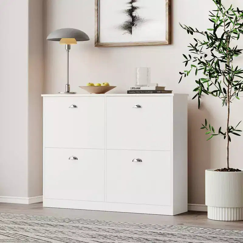 Meuble à chaussures dissimulé ultra-mince de 100 cm avec 4 tiroirs basculants et mécanisme anti-basculement, idéal pour les entrées et les chambres, blanc
