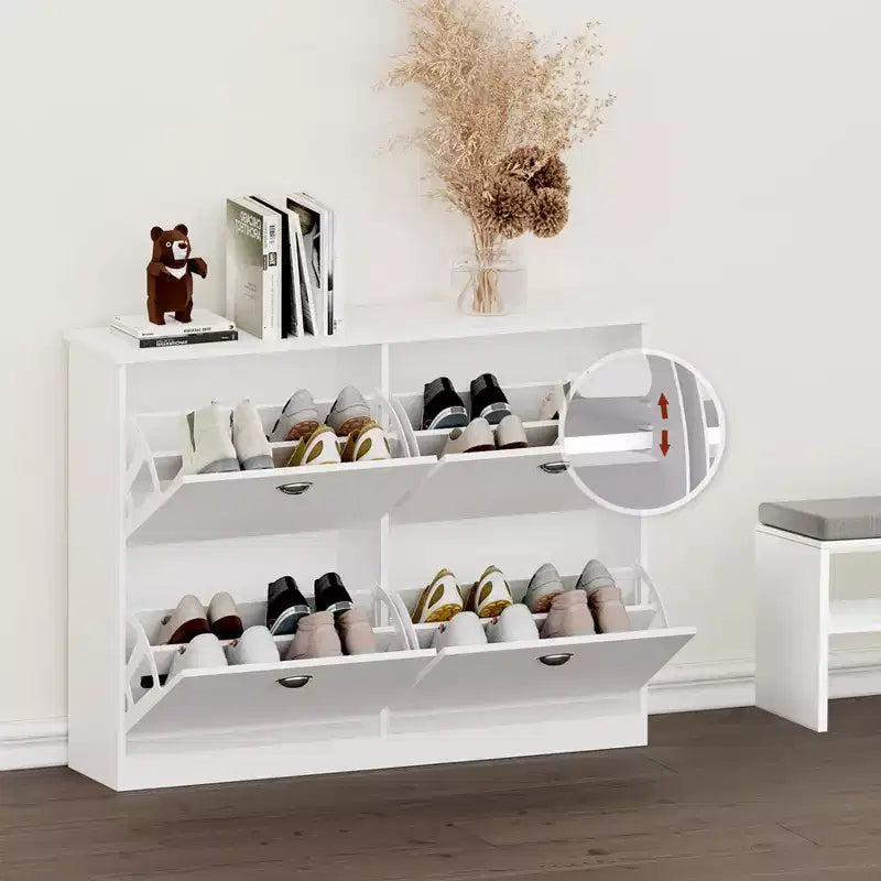 Meuble à chaussures dissimulé ultra-mince de 100 cm avec 4 tiroirs basculants et mécanisme anti-basculement, idéal pour les entrées et les chambres, blanc