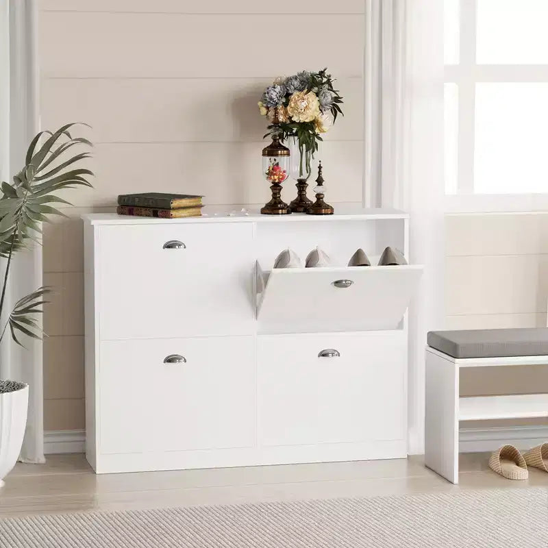 Meuble à chaussures dissimulé ultra-mince de 100 cm avec 4 tiroirs basculants et mécanisme anti-basculement, idéal pour les entrées et les chambres, blanc