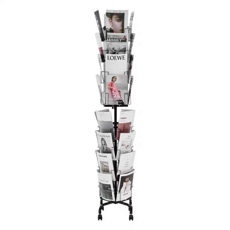 32-Pocket Rotating Card Display Stand with Wheels and Sign Holder - 360 Degree Spinning Rack