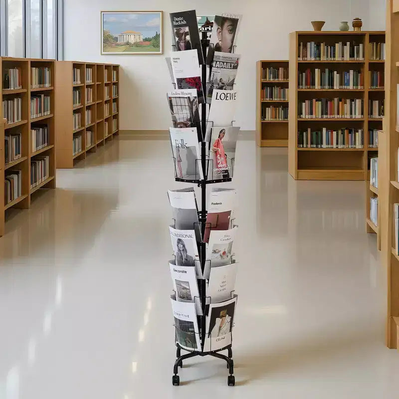Présentoir rotatif à 32 compartiments pour cartes avec roulettes et porte-affiche - Support pivotant à 360 degrés